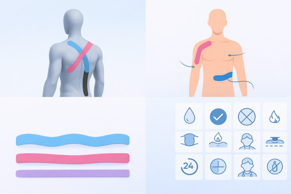 Illustration de kinesiology tape appliqué sur le dos et le haut du corps, avec indications des zones de soutien musculaire et articulaire.